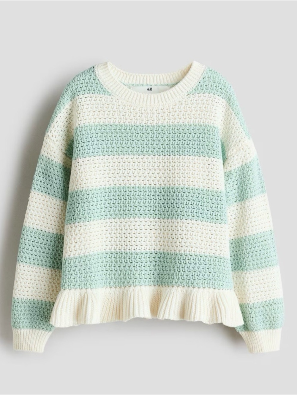 H&M Mint & Cream Striped Crewneck Sweater with Ruffle Hem
